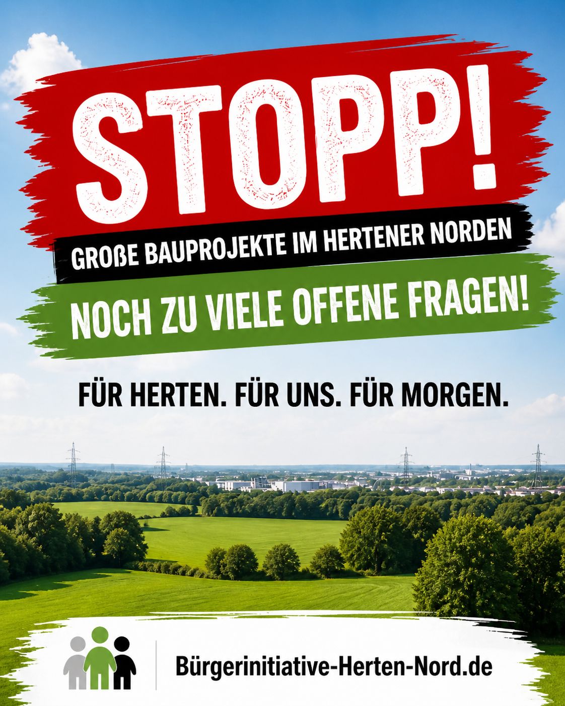 Flyer Bürgerinitiative Herten-Nord: Stopp große Bauprojekte im Hertener Norden — noch zu viele offene Fragen